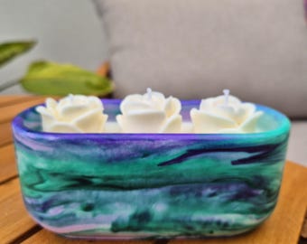 Green and purple concrete bowl candle with gardenia and roses