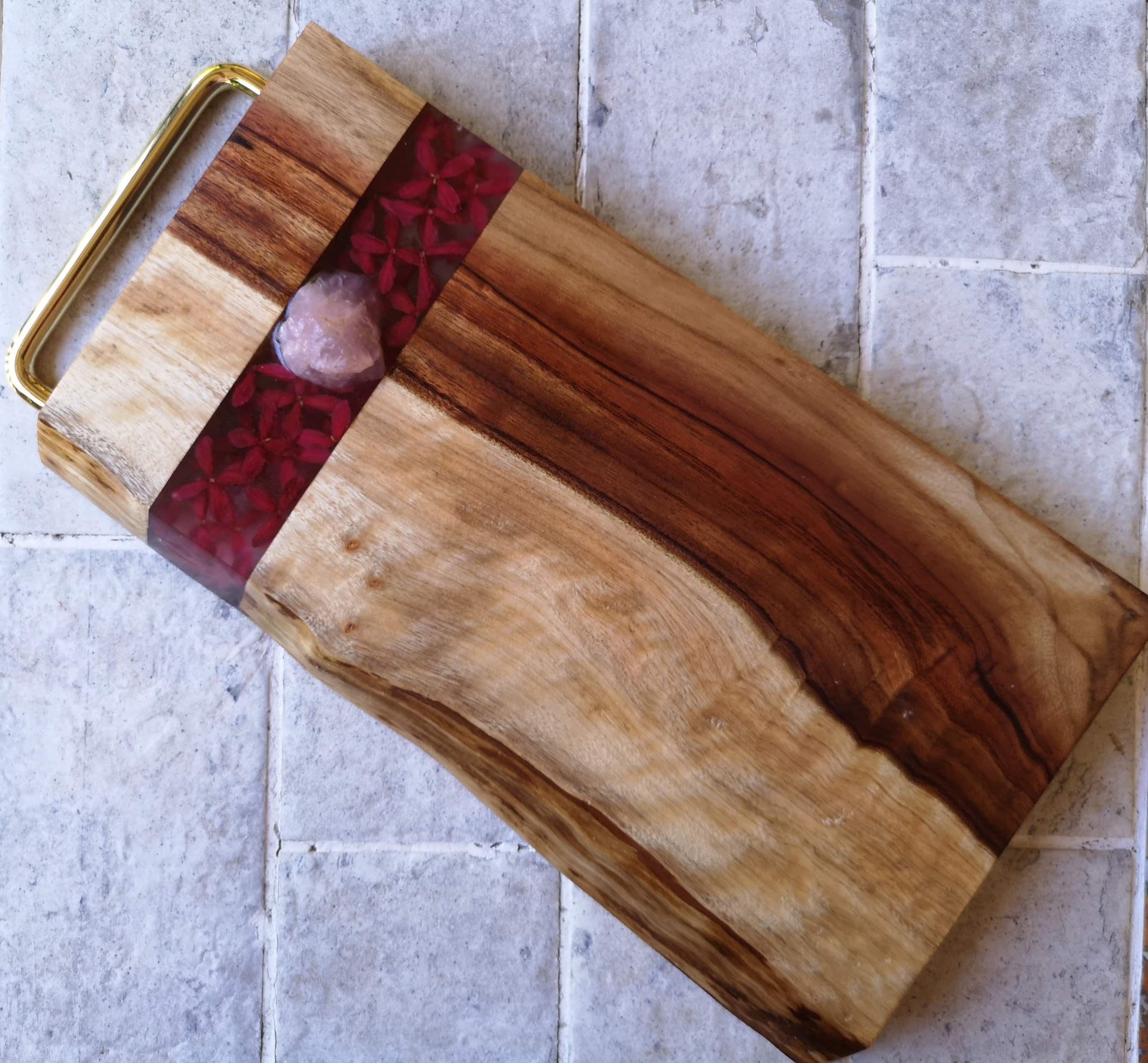 Resin cheese board with rose quartz