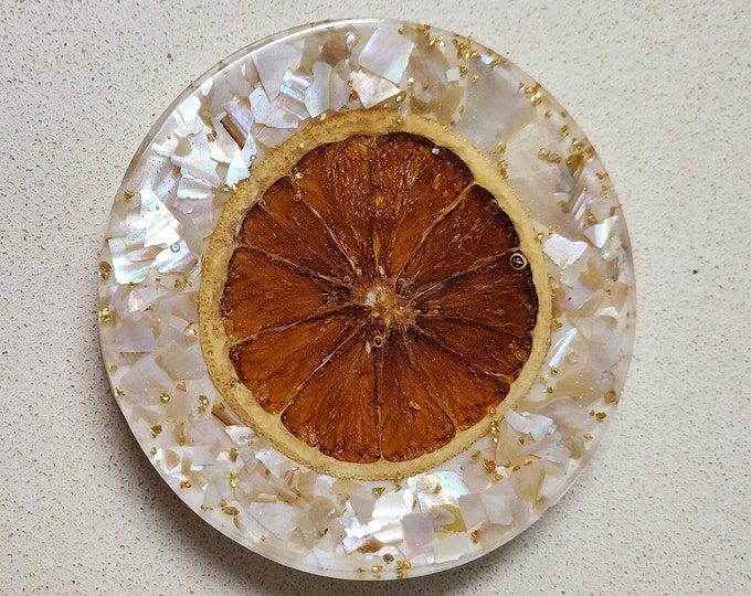 Set of 4 real dried orange slice in resin coasters with seashell chips