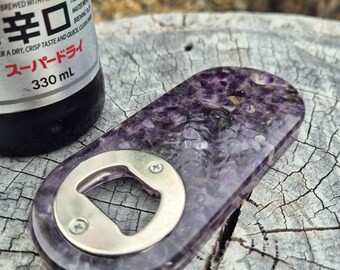 Resin bottle opener with inlaid purple amethyst gemstones for February birth stone gifts