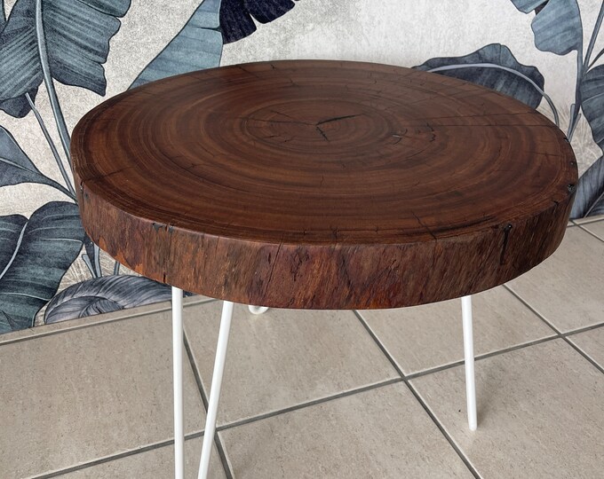Round timber table with Australian river gum timber and white hairpin legs