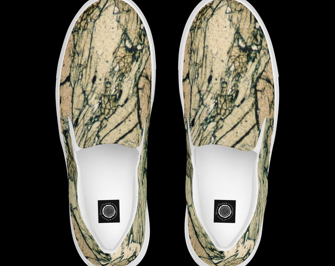 Women’s slip-on canvas shoes with geological thin section mineral photography