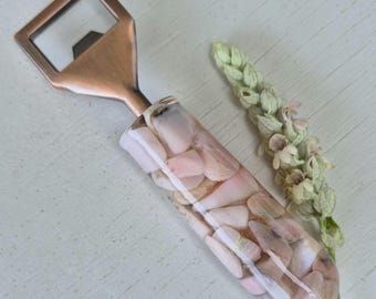 Luxury Bottle Opener featuring pink opal in resin with brushed copper