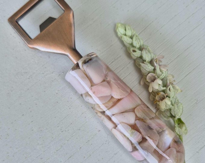 Luxury Bottle Opener featuring pink opal in resin with brushed copper