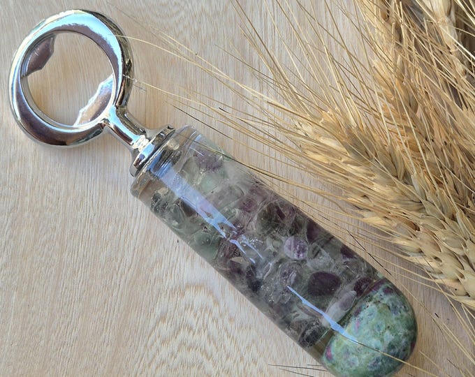 Luxury Bottle Opener featuring ruby in zoisite and fluorite stones in resin