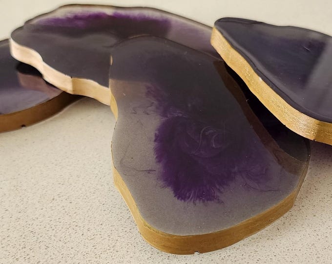 Purple and gold resin coaster set with gold edge embellishment