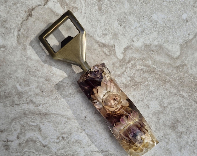 Luxury Handmade Bottle Opener featuring strawflowers in resin with brushed bronze opener