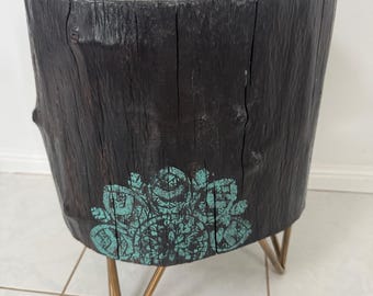 Burnt black river gum timber home decor log stump table with teal mandala artwork