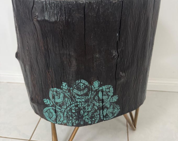 Burnt black river gum timber home decor log stump table with teal mandala artwork