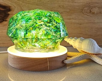 Resin LED bedside table night lamp with embedded green glass cat's eye marbles