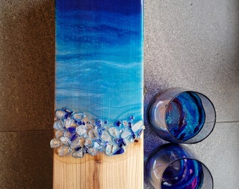 Wooden wine box wedding gift idea with original blue resin artwork and clear quartz crystals