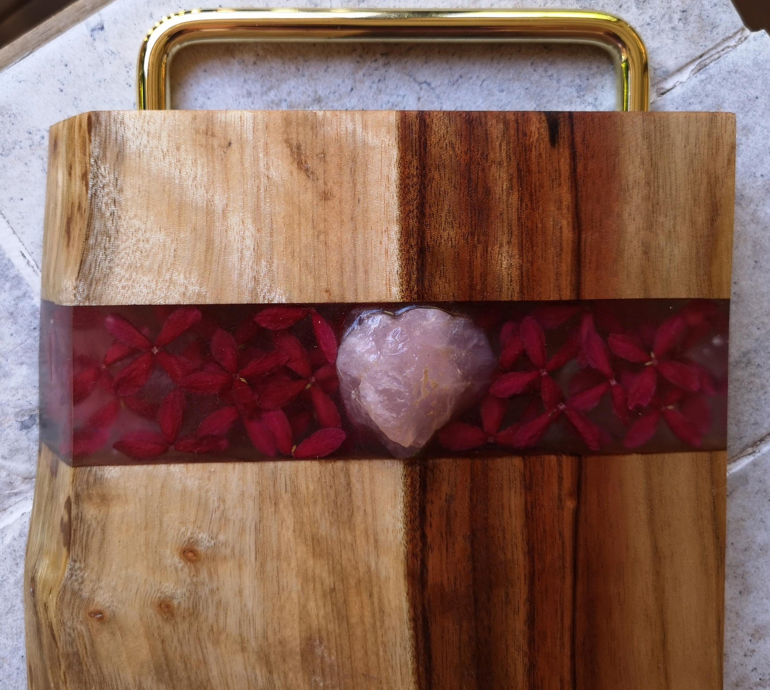 Resin cheese board with rose quartz