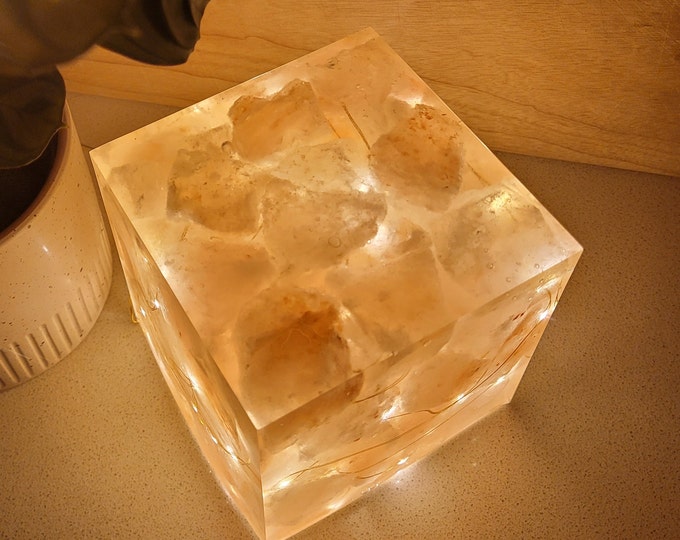 Pink Himalayan Salt Crystals in resin cube table lamp