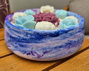 Large concrete bowl candle with burgundy soy wax peony and roses