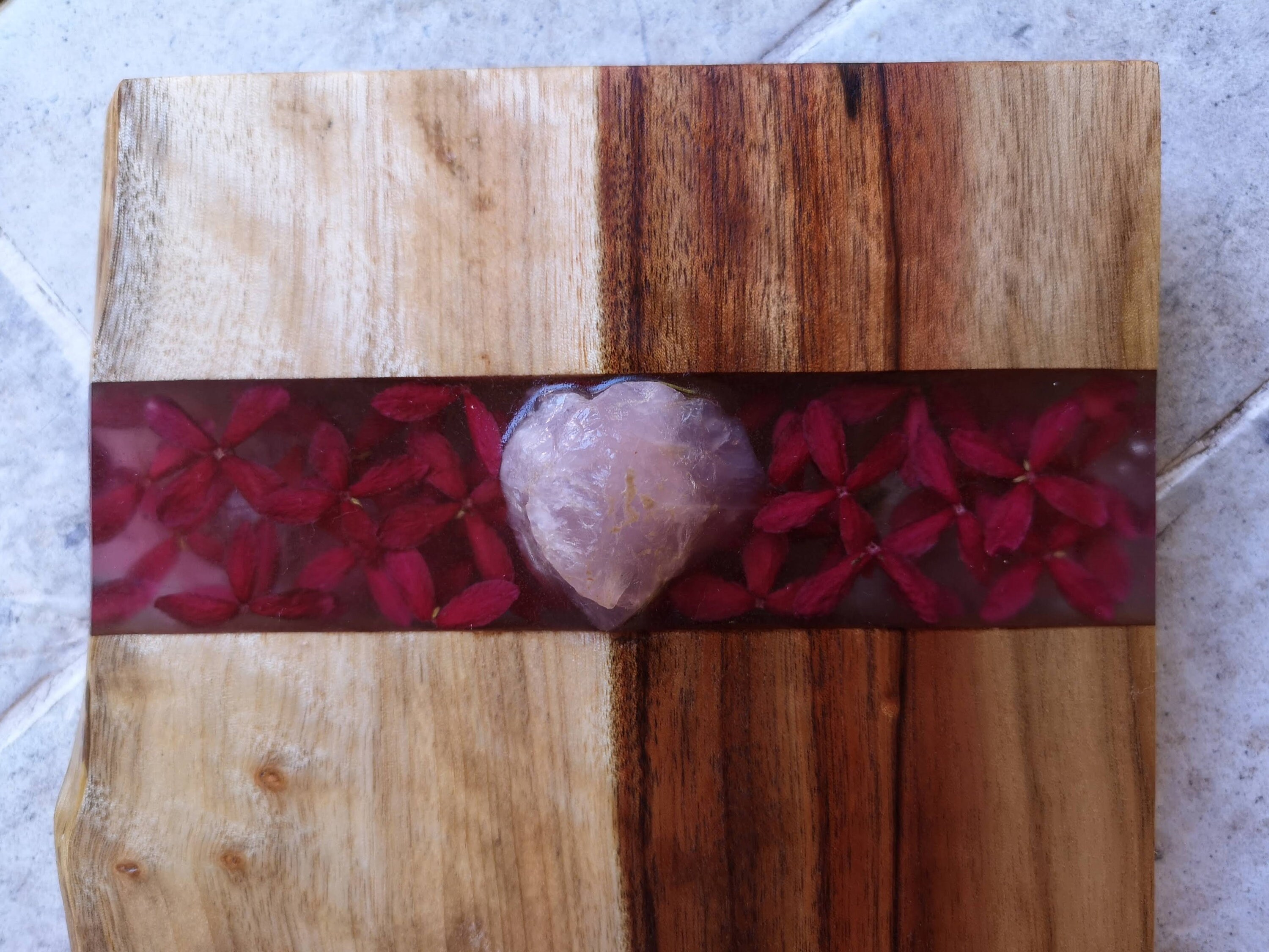 Resin cheese board with rose quartz