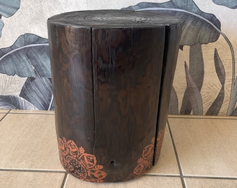 Burnt black river gum timber home decor live edge stump table with copper mandala artwork