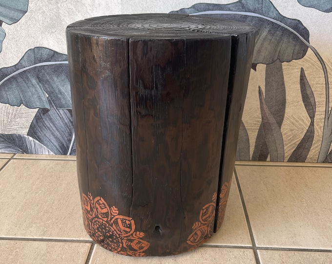 Burnt black river gum timber home decor live edge stump table with copper mandala artwork