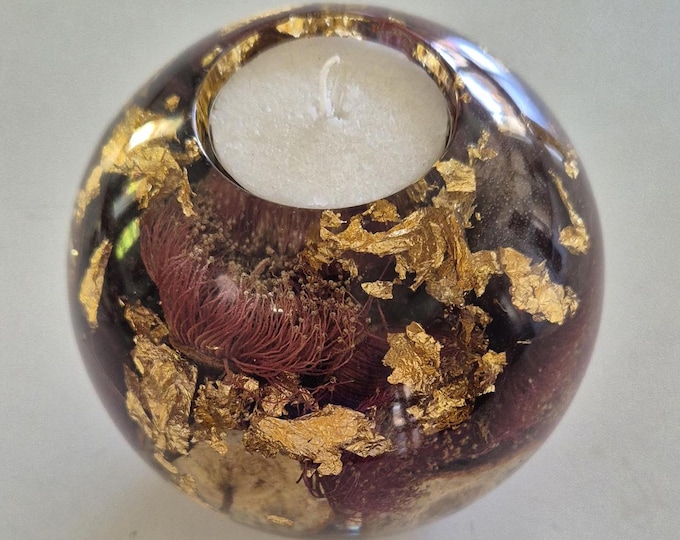 Large round resin candle holder with embedded dried red Western Australian flowering gum and gold foil