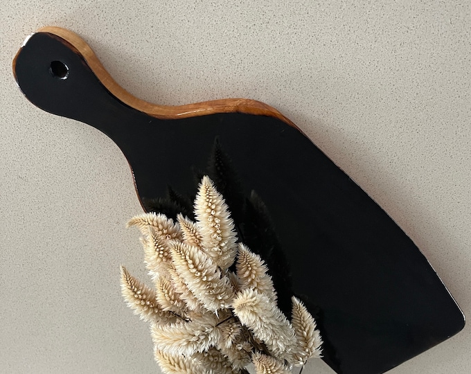 Burnt black Olivewood serving board in Japanese Shou Sugi Ban style, sealed in clear resin