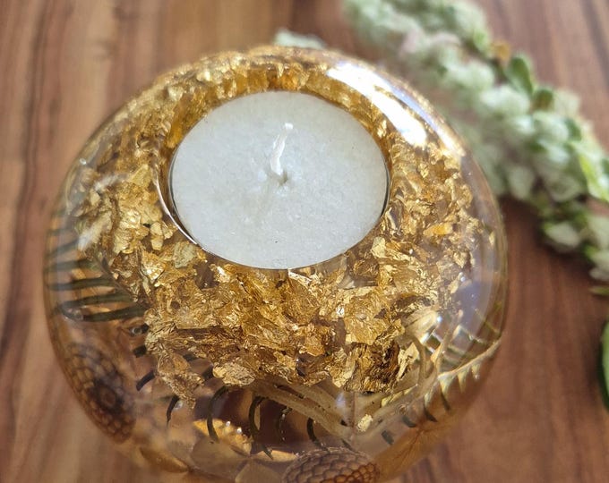 Large round resin candle holder with embedded dried fern, hydrangea flower petals and gold foil