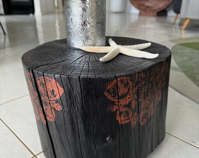 Burnt black river gum timber home decor log stump table with copper mandala artwork