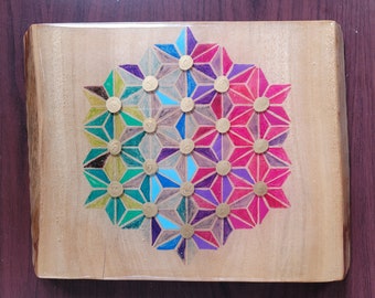 Camphour Laurel board with colourful geometric art sealed in resin