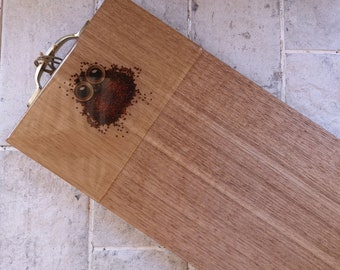 Coffee Bean Owl cutie character in resin on Tasmanian Hardwood serving board