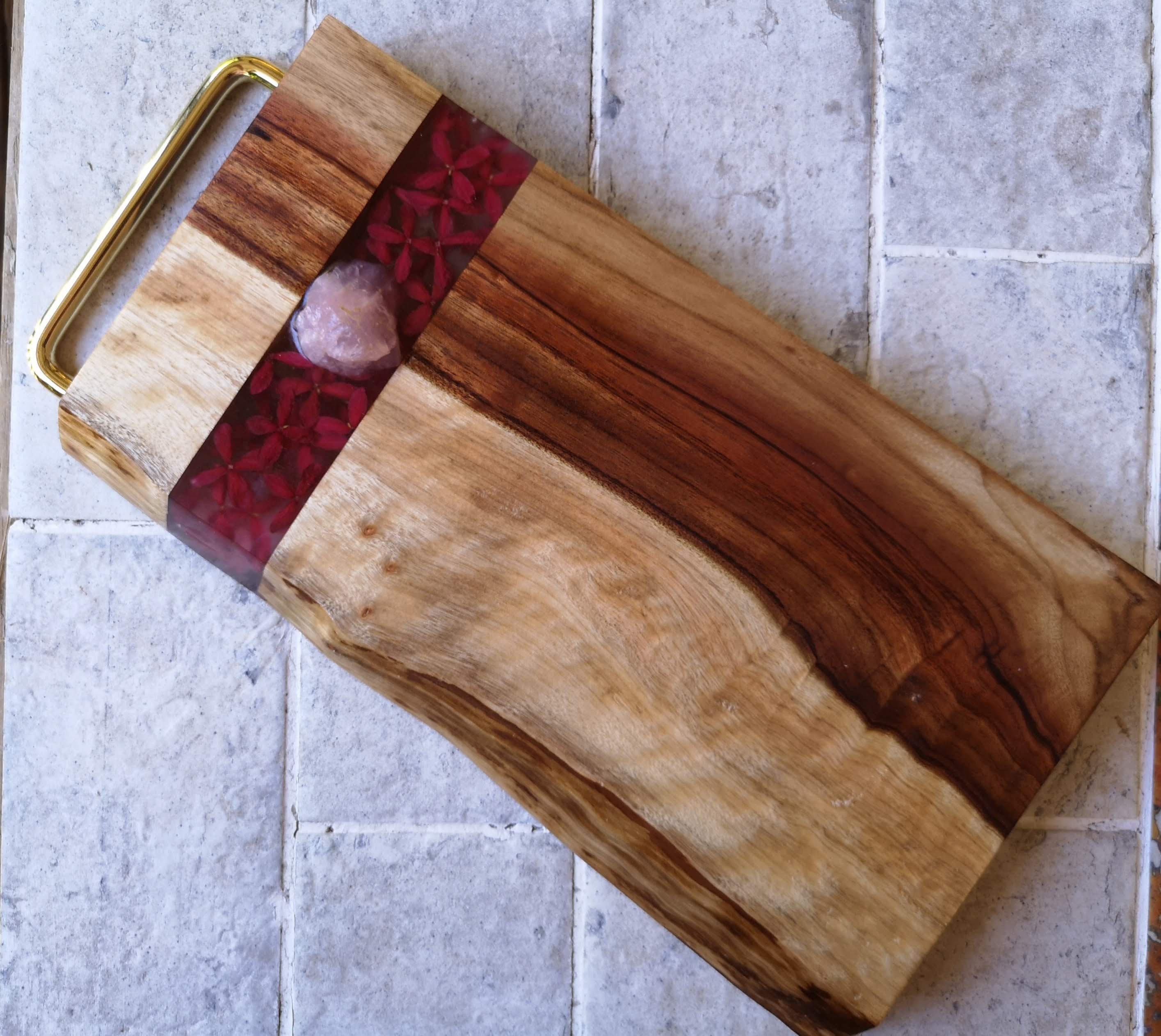 Resin cheese board with rose quartz