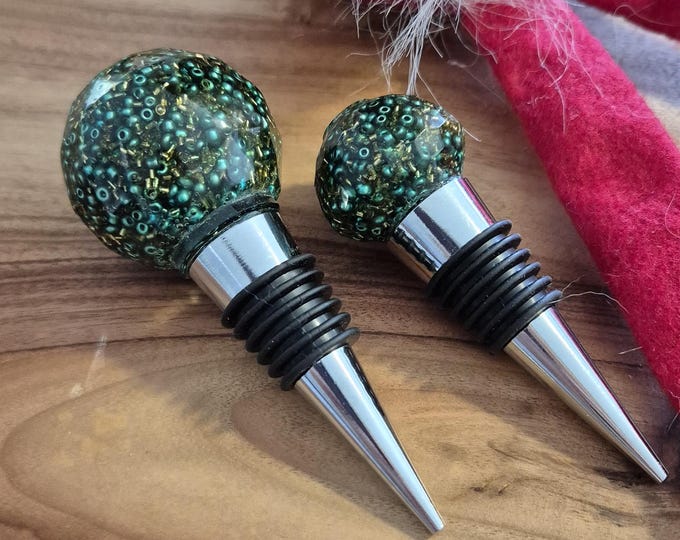 Set of two green and gold beaded bling resin wine bottle stoppers
