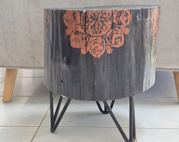 Burnt black river gum timber home decor log stump table with copper mandala artwork