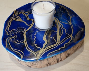 Blue and gold resin tree stump centrepiece - blue and gold resin artwork