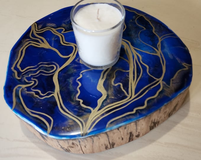 Resin tree stump centrepiece or stump table featuring blue and gold resin artwork