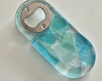 Resin with blue and green sea glass flat bottle opener