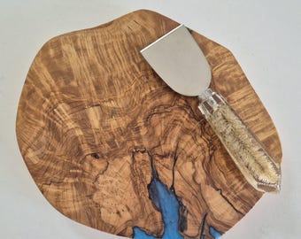 Olivewood serving board with blue resin infill