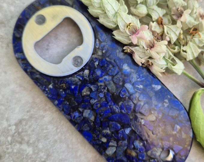 Resin bottle opener with inlaid deep blue lapis lazuli semi-precious gemstones