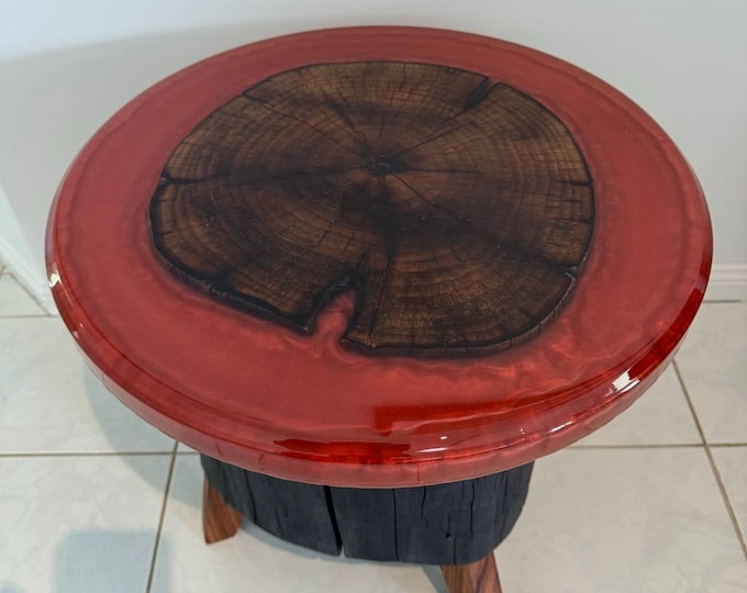 Burnt stump table in Sho Sugi Ban style with copper resin and exposed stump top