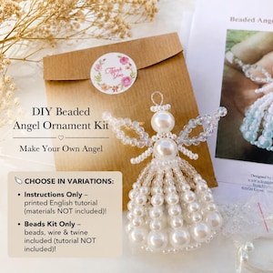 Peut inclure: Un kit de bricolage pour ornement d'ange en perles comprenant un ange fini en perles blanches et irisées, une fiche de tutoriel imprimée intitulée Beaded Angel Ornament Tutorial, et des sachets contenant des perles transparentes, blanches et du fil.