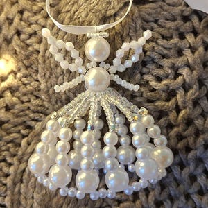 Fairy Angel, White Beaded Angel, Free Standing Hanging Baptism Christening Invitation Gift, Holiday gift or Keepsake