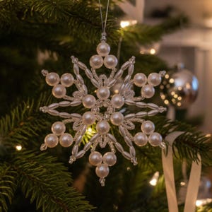 Ornement de flocon de neige perlé fait main | Décoration d'arbre de Noël blanche | Décoration hivernale élégante | Cadeau flocon de neige perlé