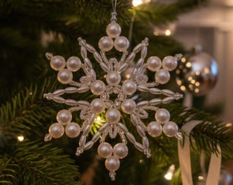 Handmade Beaded Snowflake Ornament | White Christmas Tree Decoration | Elegant Winter Decor | Pearl Snowflake Gift