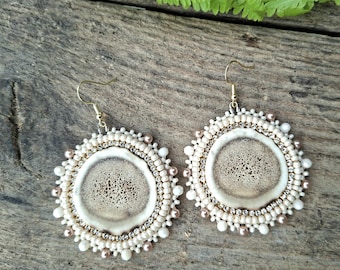 Deer Antler Slice Earrings | Bead Embroidered Jewelry | Nature Inspired Handmade Woodland Wedding Gift