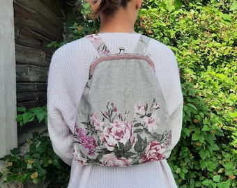 Floral Kiss clasp Backpack purse for women, linen fabric bag, birthday gift for women, beautiful linen rusksack