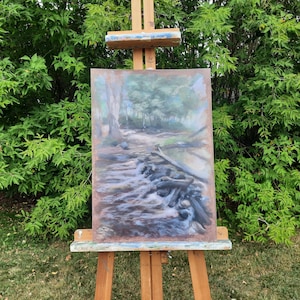Pintura acrílica pequena cachoeira em papelão, pintura de paisagem de barragem de rio florestal, presente para amantes da natureza