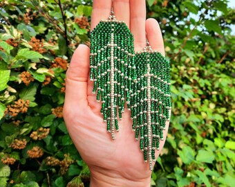 Dark green earrings with silver line, fringe earrings, handbeaded earrings, Christmas gift for wife