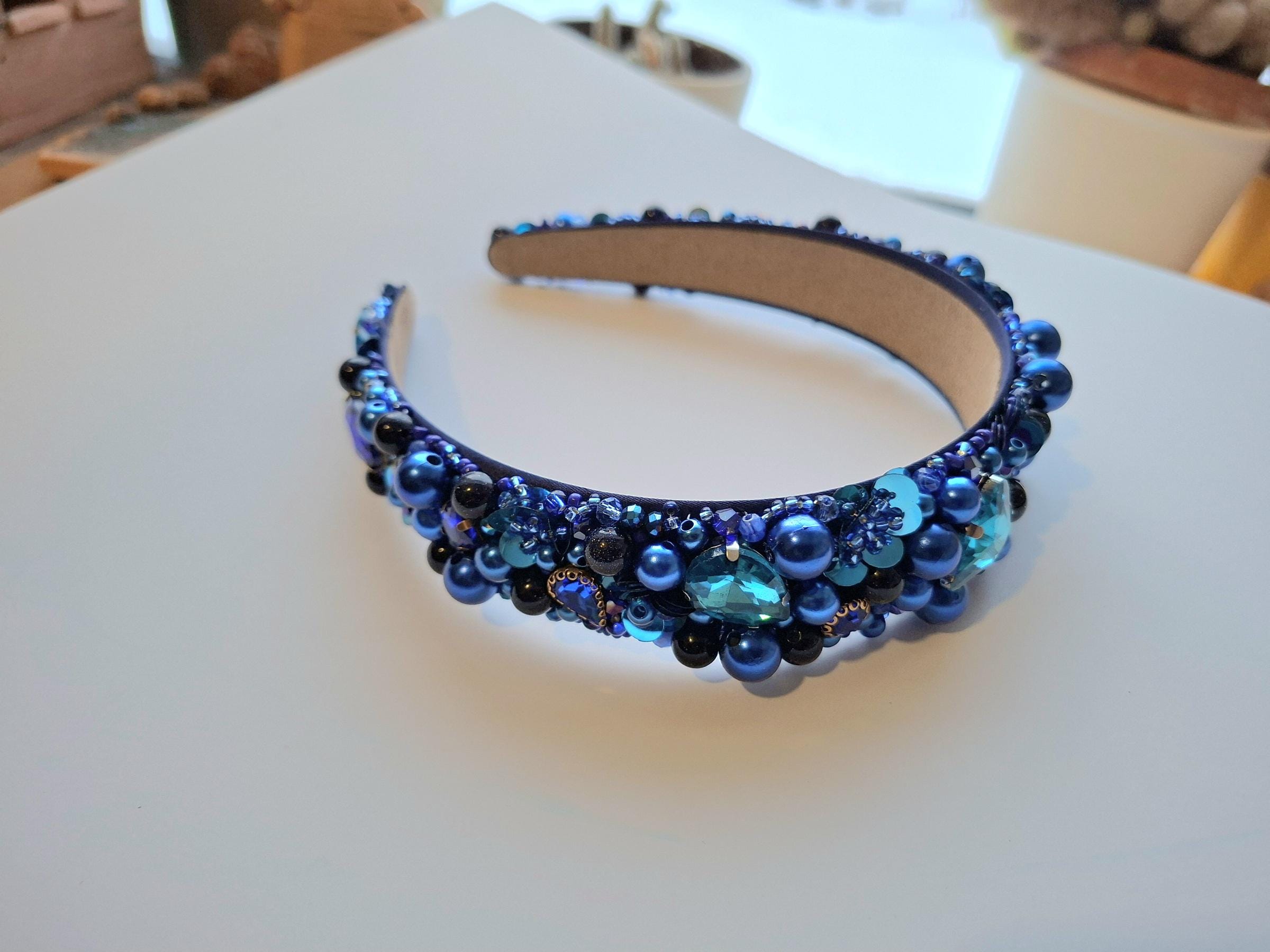 Royal Blue Beaded Headband | Elegant Crystal Hair Accessory 