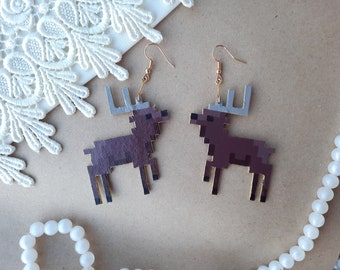 Pixel stag earrings, clip on moose earrings, lightweight hand painted deer earrings