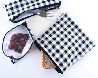 Snack and Sandwich Food Bags in Black and White Buffalo Plaid, Personalized, Lunches, Snacks, Picnics, Reusable