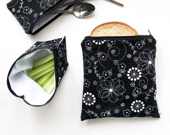 Flower Doodle Black Print Zip Pouch Reusable Sandwich Bag Set for Snacks, Lunches, Gym, Travelling, Makeup and Toiletries