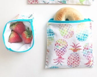 Pineapple Rainbow Reusable Snack Bag,  Back to School, Lunch Bag Set, Personalized Sandwich, Sandwich Bags