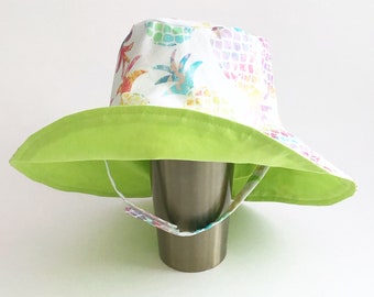 Girl Rainbow Pineapple Toddler Medium Wide Brim Bucket Hat, Chinstrap, for the Beach, Sun and Outdoors